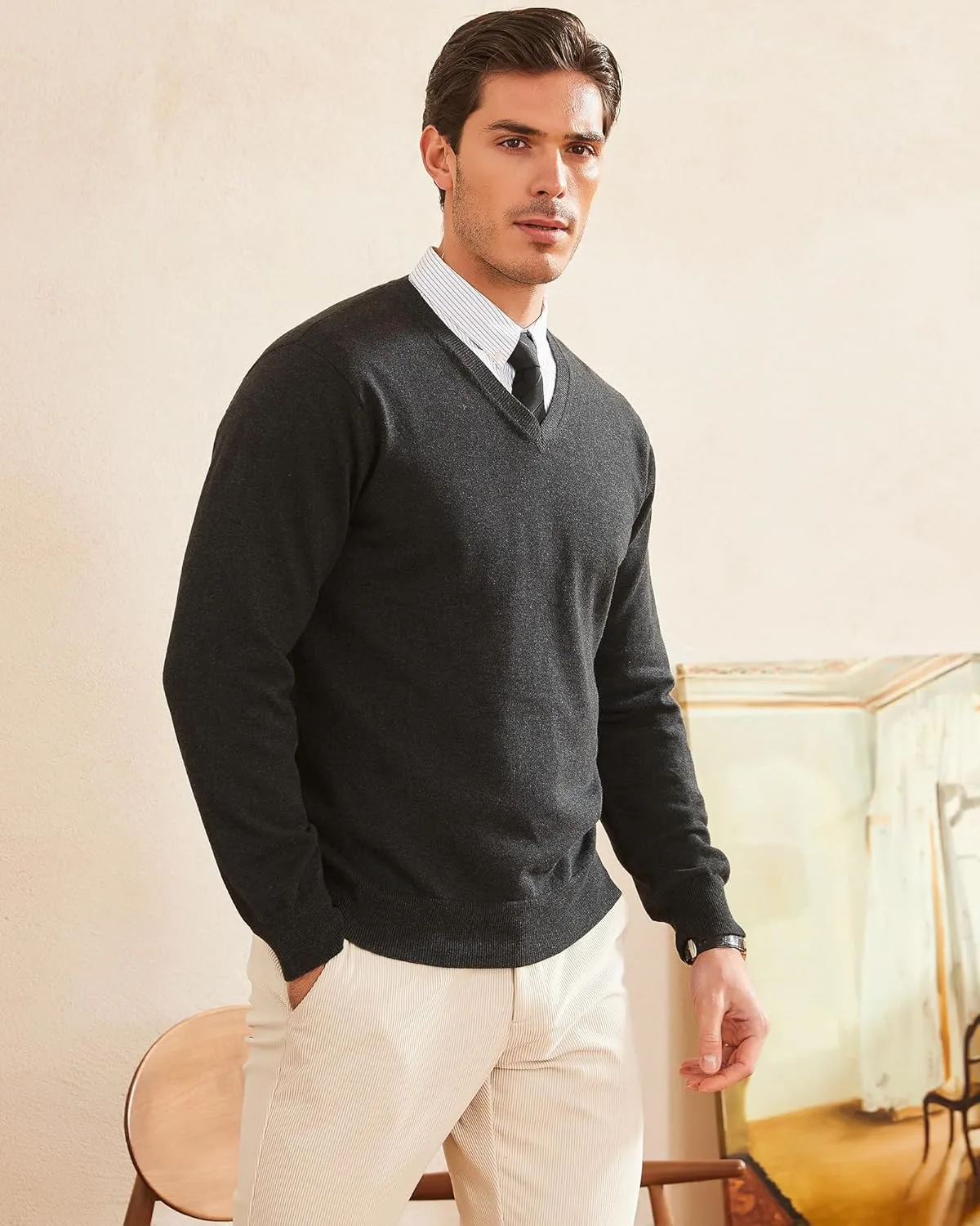 Kallspin Men's V Neck Sweater Pullover Pure Cotton Regular Fit Long Sleeve Knitting Sweaters