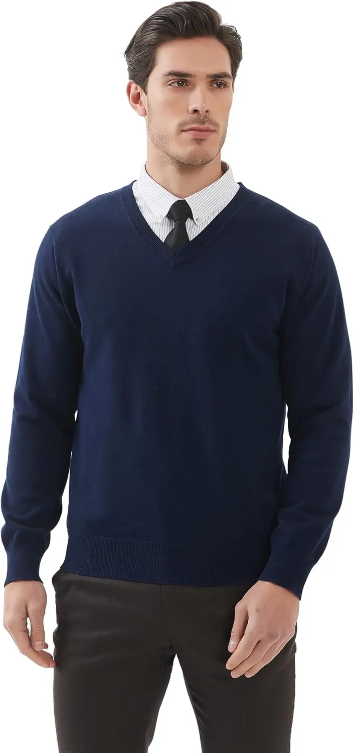 Kallspin Men's V Neck Sweater Pullover Pure Cotton Regular Fit Long Sleeve Knitting Sweaters
