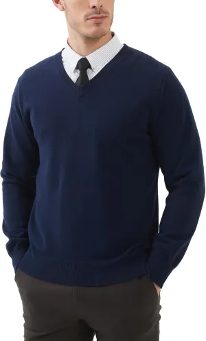 Kallspin Men's V Neck Sweater Pullover Pure Cotton Regular Fit Long Sleeve Knitting Sweaters