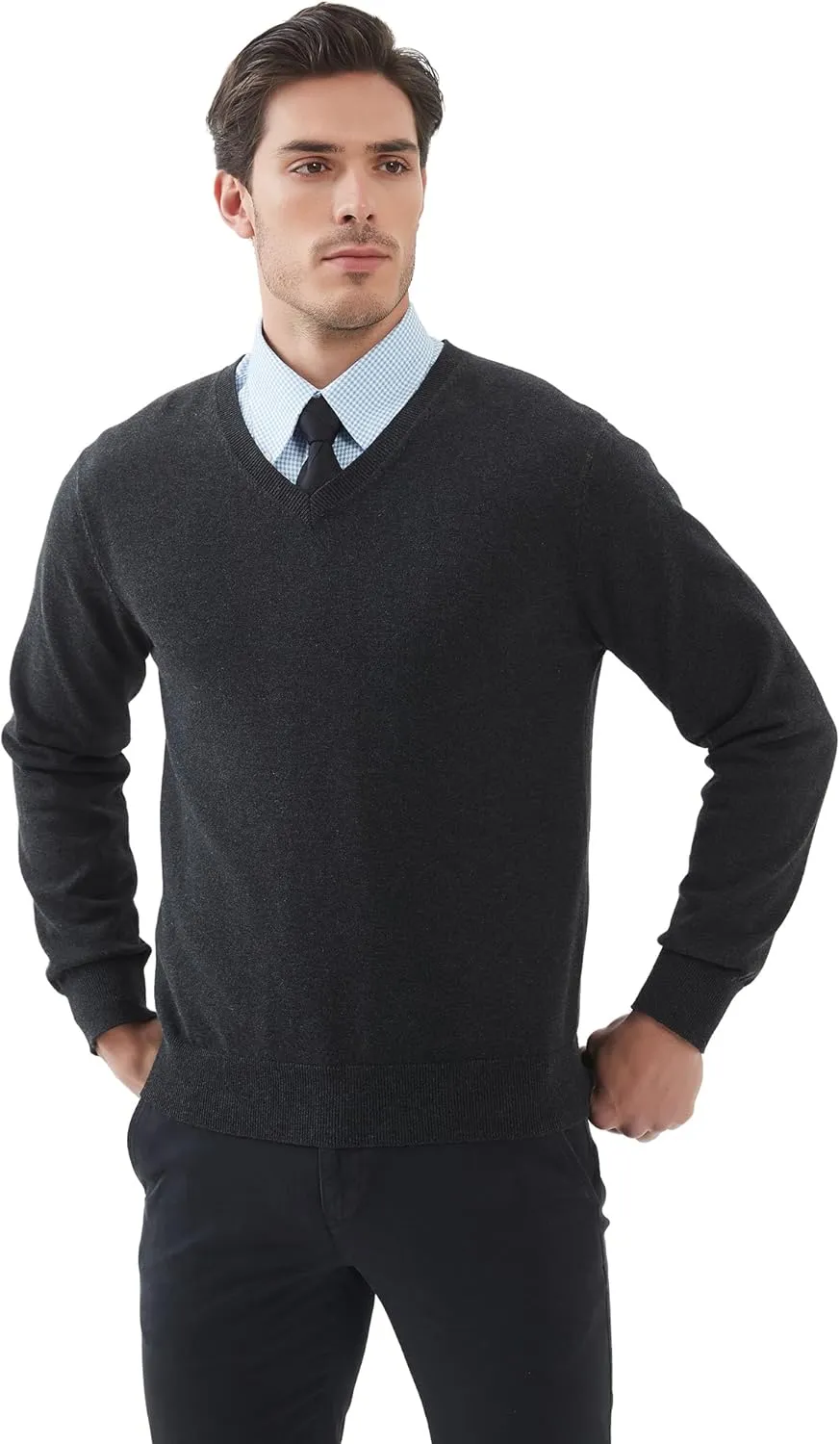 Kallspin Men's V Neck Sweater Pullover Pure Cotton Regular Fit Long Sleeve Knitting Sweaters