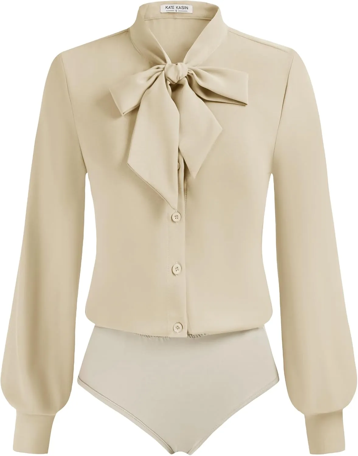 Kate Kasin Women Bow Tie Neck Office Blouse Button Down Long Sleeve Bodysuits Blouse Top
