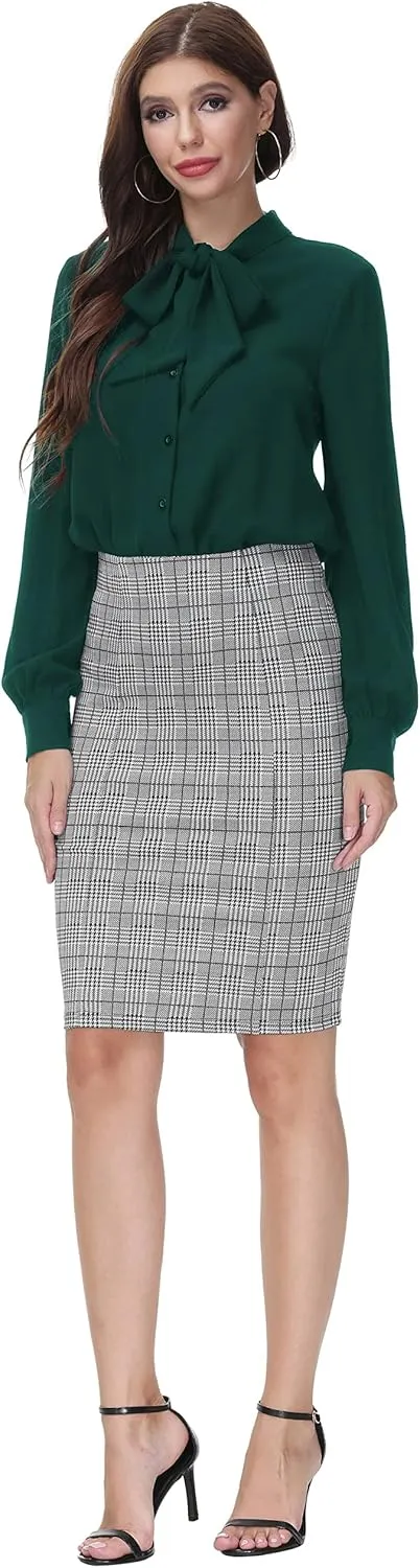 Kate Kasin Women Bow Tie Neck Office Blouse Button Down Long Sleeve Bodysuits Blouse Top
