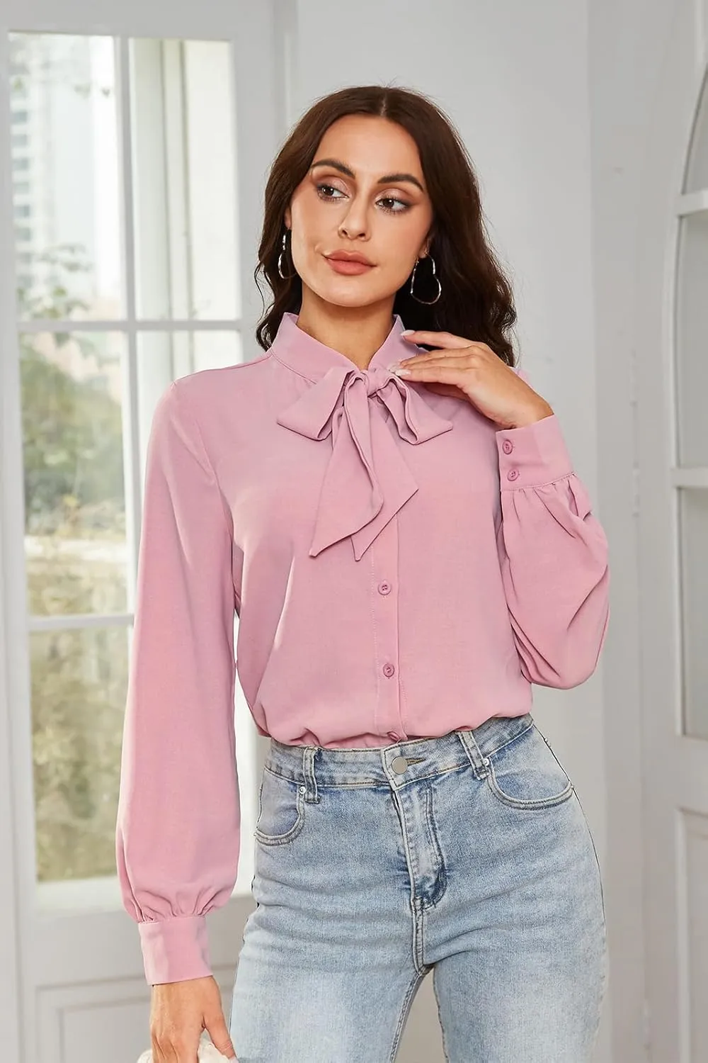 Kate Kasin Women Bow Tie Neck Office Blouse Button Down Long Sleeve Bodysuits Blouse Top