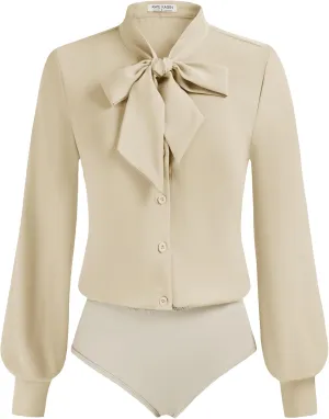 Kate Kasin Women Bow Tie Neck Office Blouse Button Down Long Sleeve Bodysuits Blouse Top