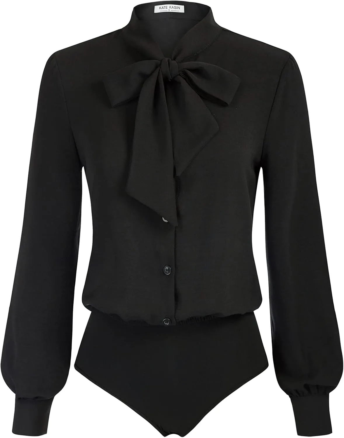 Kate Kasin Women Bow Tie Neck Office Blouse Button Down Long Sleeve Bodysuits Blouse Top