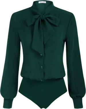 Kate Kasin Women Bow Tie Neck Office Blouse Button Down Long Sleeve Bodysuits Blouse Top