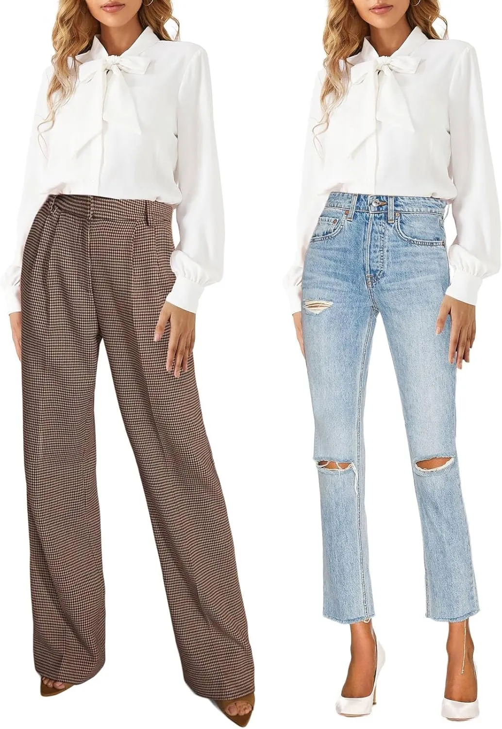 Kate Kasin Women Bow Tie Neck Office Blouse Button Down Long Sleeve Bodysuits Blouse Top