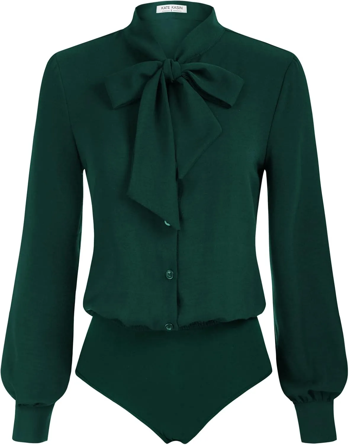 Kate Kasin Women Bow Tie Neck Office Blouse Button Down Long Sleeve Bodysuits Blouse Top