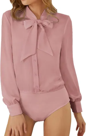 Kate Kasin Women Bow Tie Neck Office Blouse Button Down Long Sleeve Bodysuits Blouse Top
