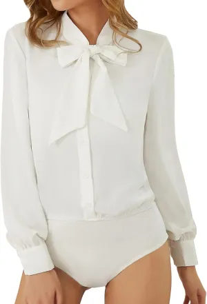 Kate Kasin Women Bow Tie Neck Office Blouse Button Down Long Sleeve Bodysuits Blouse Top