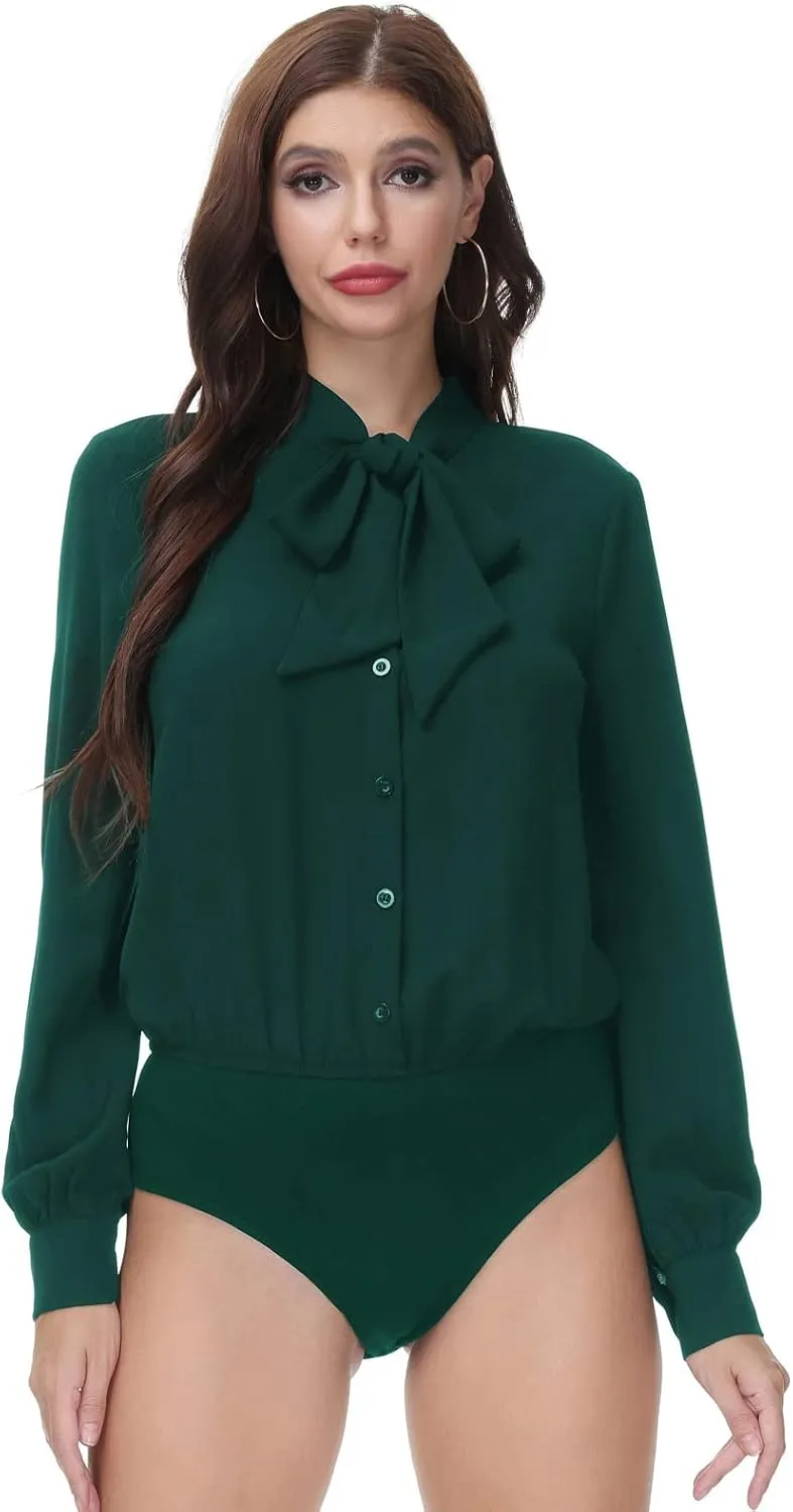 Kate Kasin Women Bow Tie Neck Office Blouse Button Down Long Sleeve Bodysuits Blouse Top