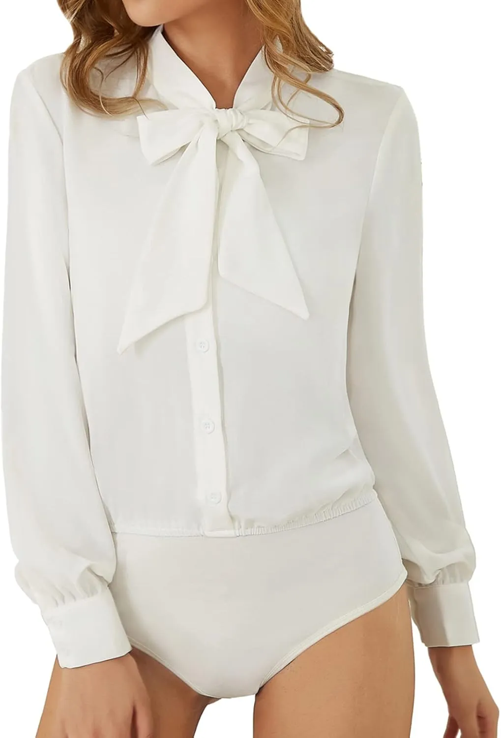 Kate Kasin Women Bow Tie Neck Office Blouse Button Down Long Sleeve Bodysuits Blouse Top