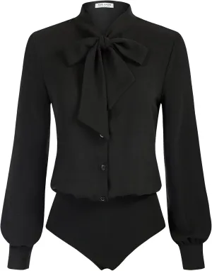 Kate Kasin Women Bow Tie Neck Office Blouse Button Down Long Sleeve Bodysuits Blouse Top