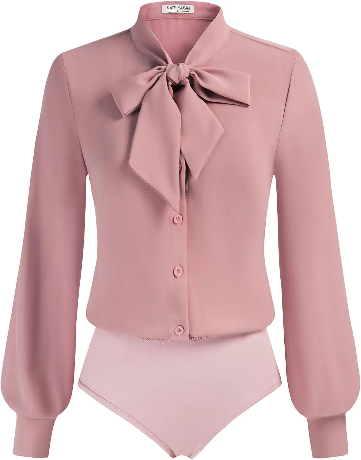 Kate Kasin Women Bow Tie Neck Office Blouse Button Down Long Sleeve Bodysuits Blouse Top