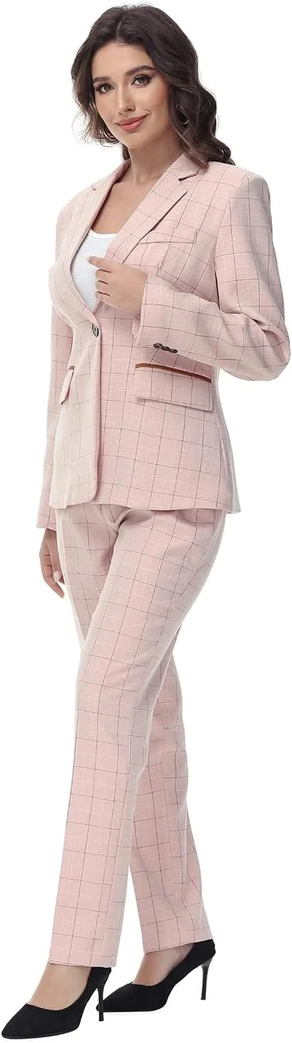 Lamgool Women's 2 Piece Plaid Suit Lady's Business One Button Lined Blazer Jacket Pant Set