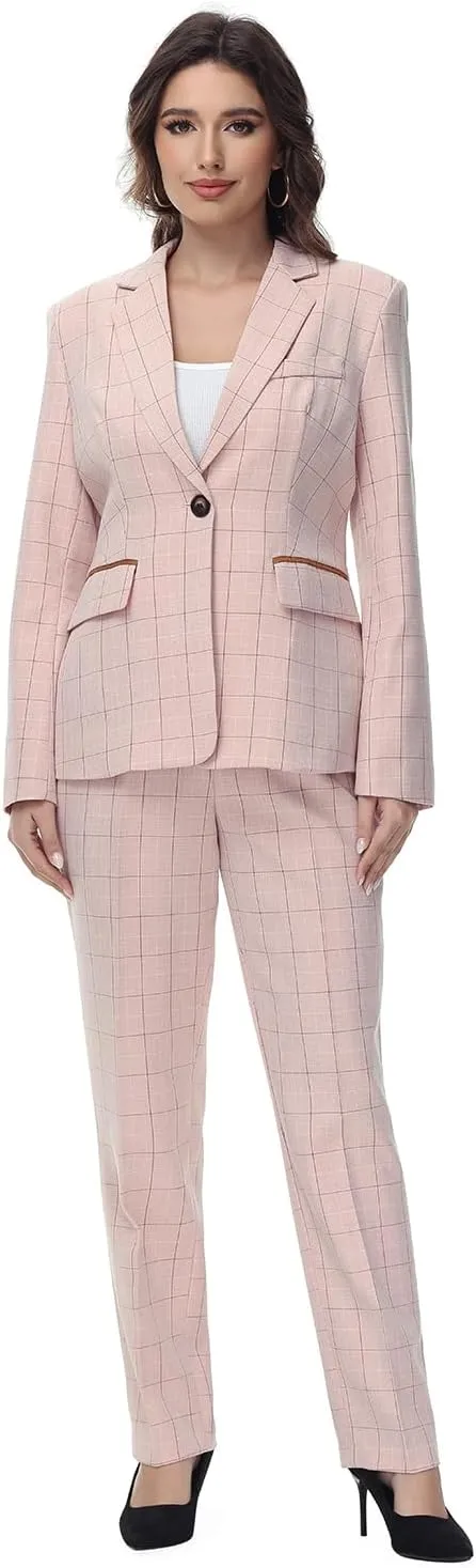 Lamgool Women's 2 Piece Plaid Suit Lady's Business One Button Lined Blazer Jacket Pant Set
