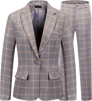 Lamgool Women's 2 Piece Plaid Suit Lady's Business One Button Lined Blazer Jacket Pant Set