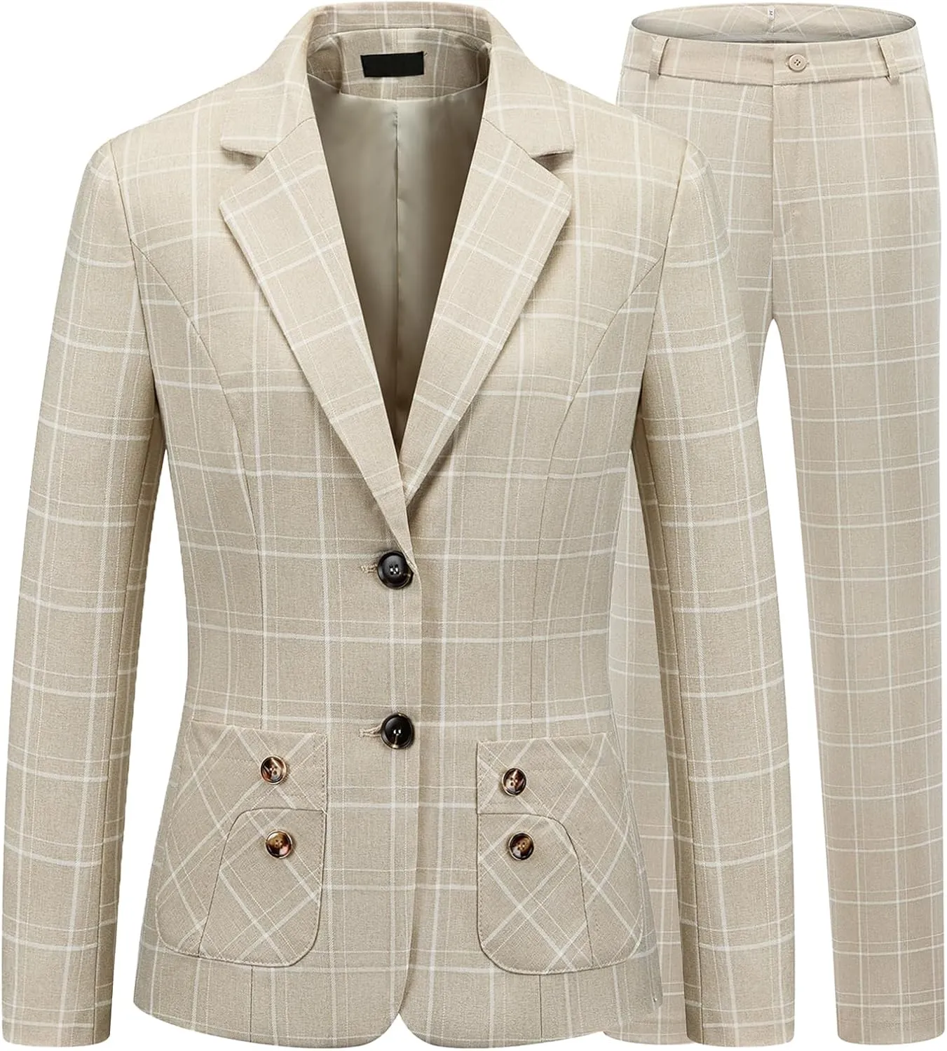 Lamgool Women's 2 Piece Plaid Suit Lady's Business One Button Lined Blazer Jacket Pant Set