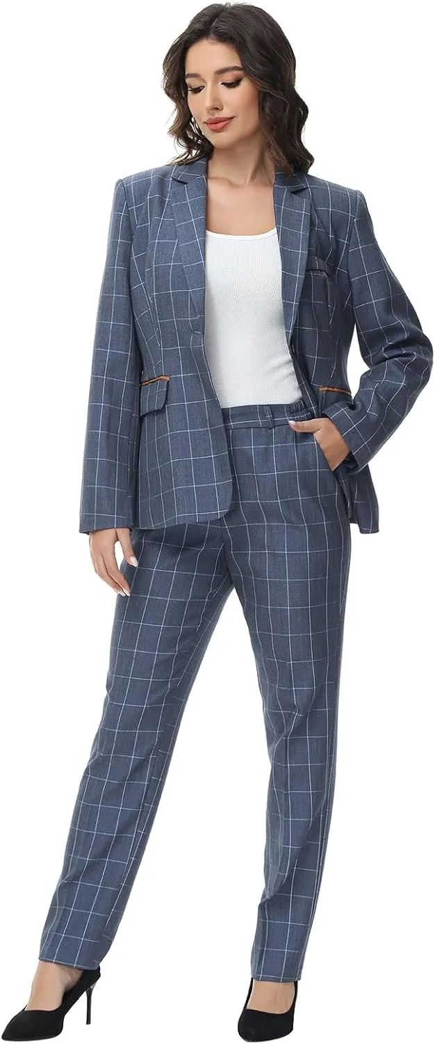 Lamgool Women's 2 Piece Plaid Suit Lady's Business One Button Lined Blazer Jacket Pant Set