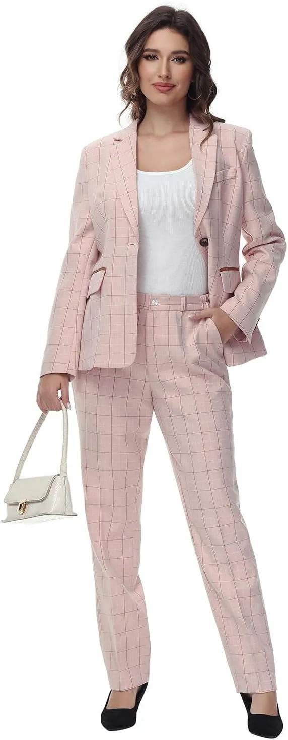 Lamgool Women's 2 Piece Plaid Suit Lady's Business One Button Lined Blazer Jacket Pant Set