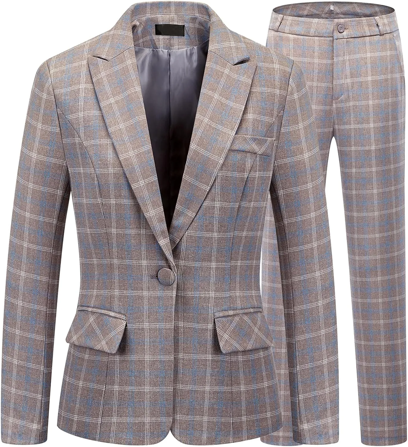 Lamgool Women's 2 Piece Plaid Suit Lady's Business One Button Lined Blazer Jacket Pant Set
