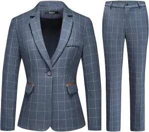 Lamgool Women's 2 Piece Plaid Suit Lady's Business One Button Lined Blazer Jacket Pant Set