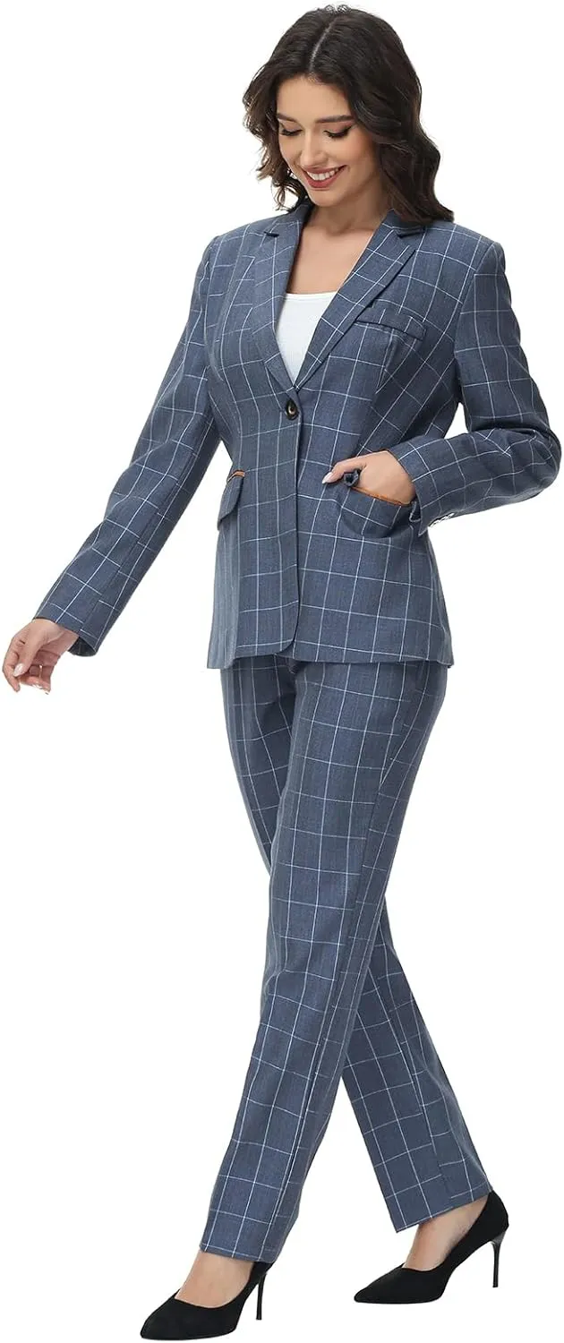 Lamgool Women's 2 Piece Plaid Suit Lady's Business One Button Lined Blazer Jacket Pant Set