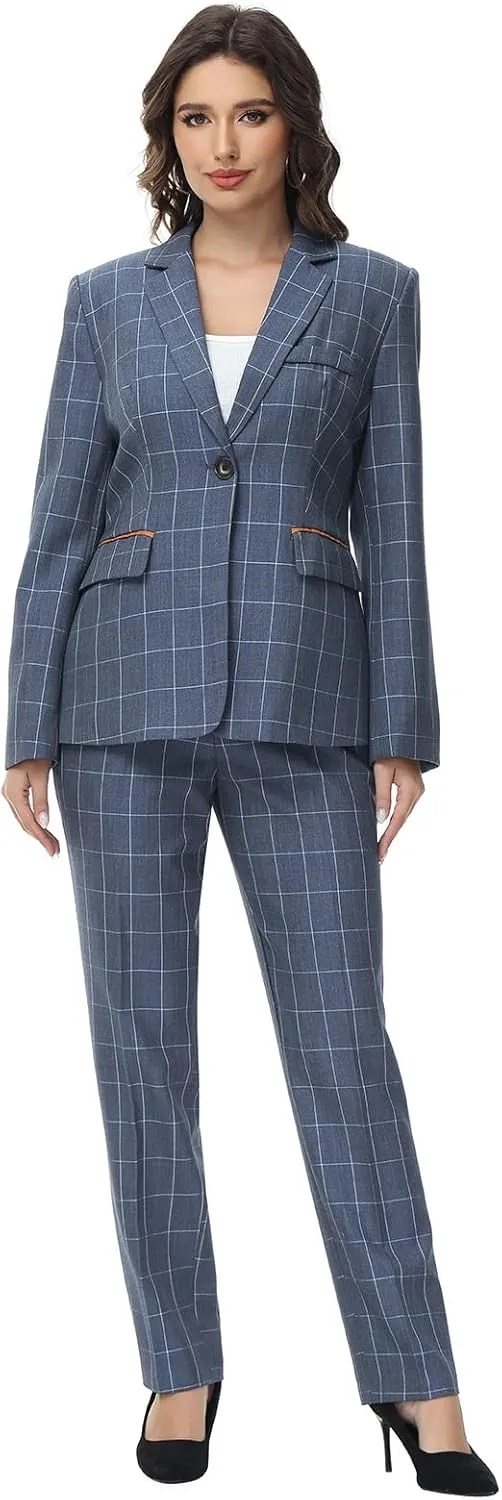 Lamgool Women's 2 Piece Plaid Suit Lady's Business One Button Lined Blazer Jacket Pant Set