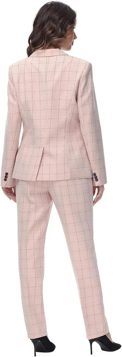 Lamgool Women's 2 Piece Plaid Suit Lady's Business One Button Lined Blazer Jacket Pant Set
