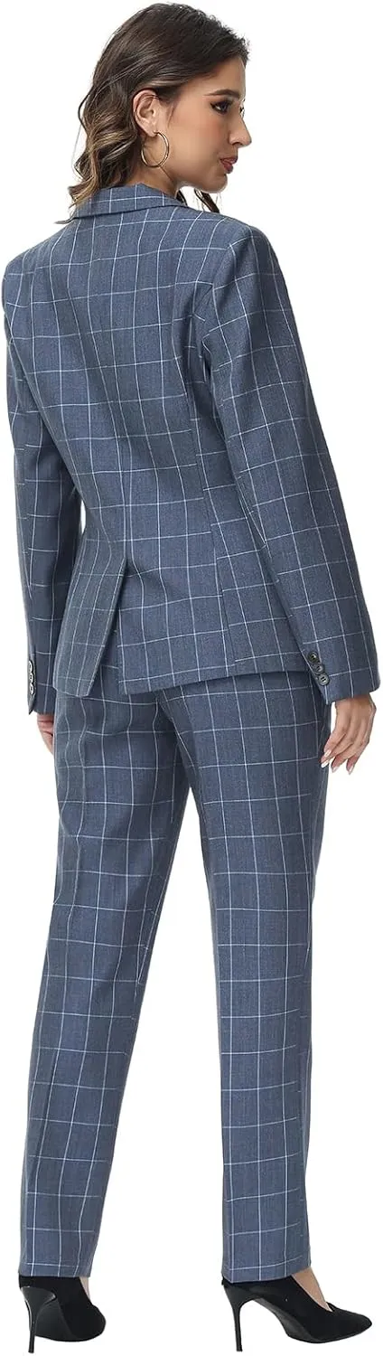 Lamgool Women's 2 Piece Plaid Suit Lady's Business One Button Lined Blazer Jacket Pant Set