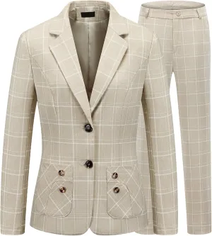 Lamgool Women's 2 Piece Plaid Suit Lady's Business One Button Lined Blazer Jacket Pant Set