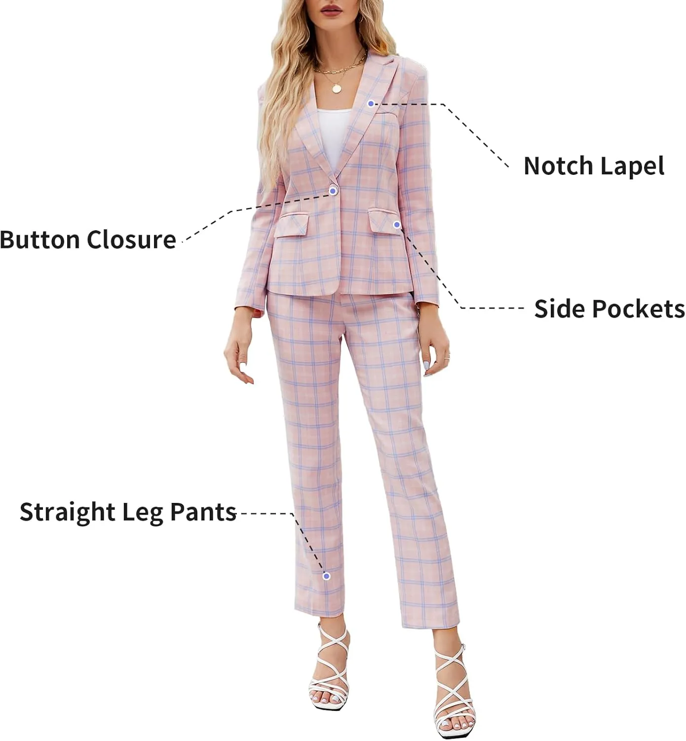 Lamgool Women's 2 Piece Plaid Suit Lady's Business One Button Lined Blazer Jacket Pant Set
