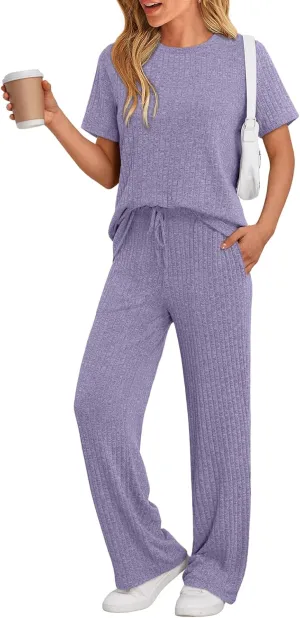 LILLUSORY 2 Piece Lounge Sets for Women Matching Summer Outfits Casual Ribbed Knit Pajamas Wide Leg Pants Trendy Clothes 2025