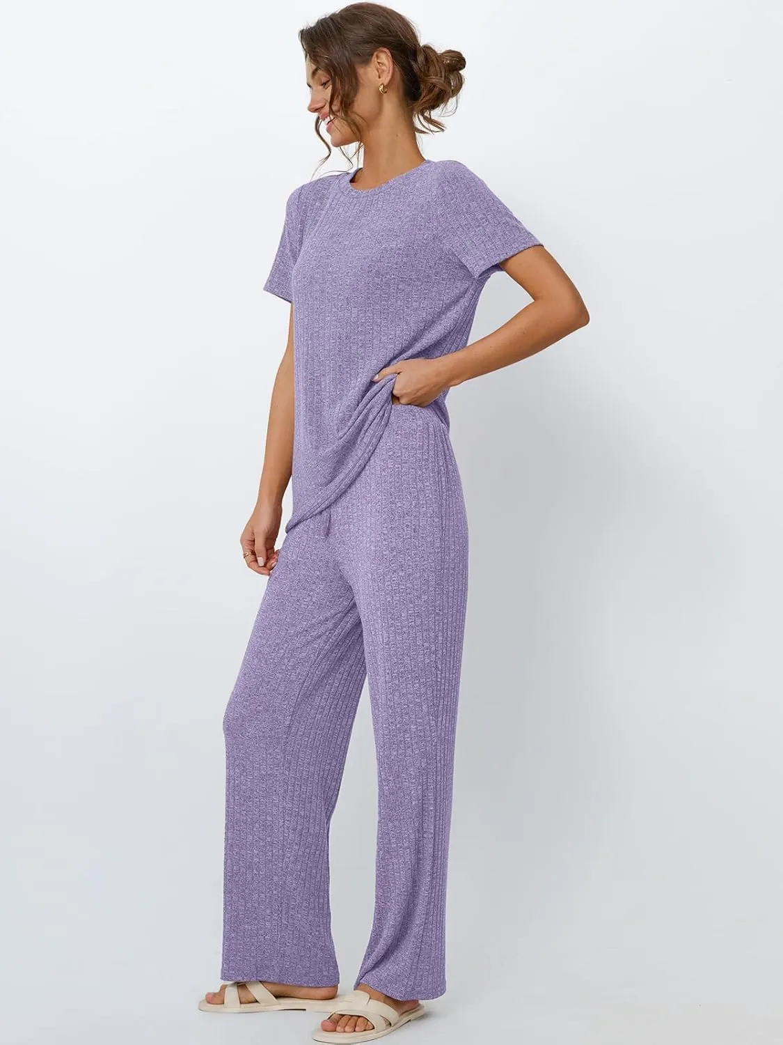 LILLUSORY 2 Piece Lounge Sets for Women Matching Summer Outfits Casual Ribbed Knit Pajamas Wide Leg Pants Trendy Clothes 2025