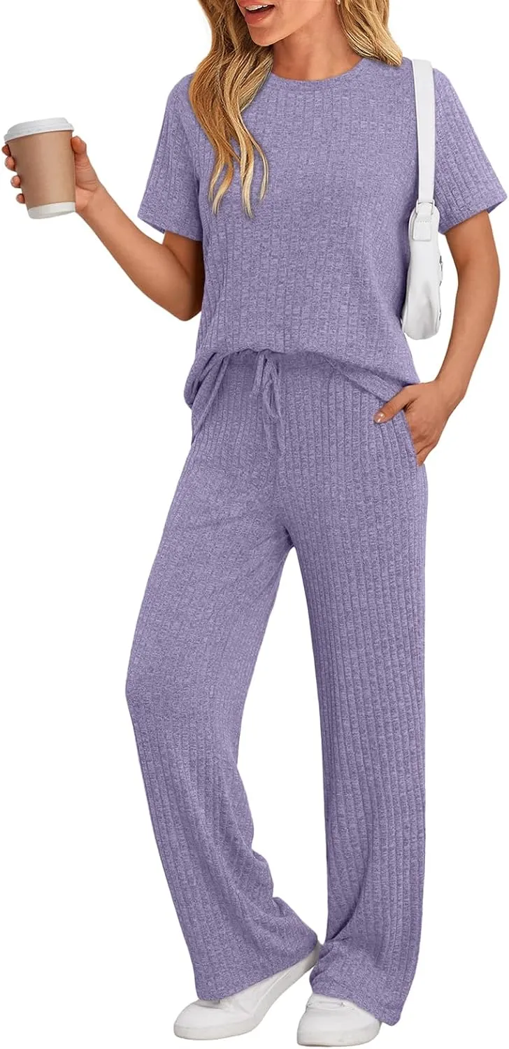 LILLUSORY 2 Piece Lounge Sets for Women Matching Summer Outfits Casual Ribbed Knit Pajamas Wide Leg Pants Trendy Clothes 2025