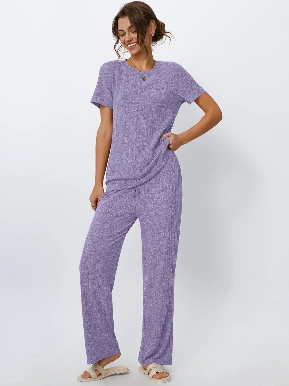 LILLUSORY 2 Piece Lounge Sets for Women Matching Summer Outfits Casual Ribbed Knit Pajamas Wide Leg Pants Trendy Clothes 2025
