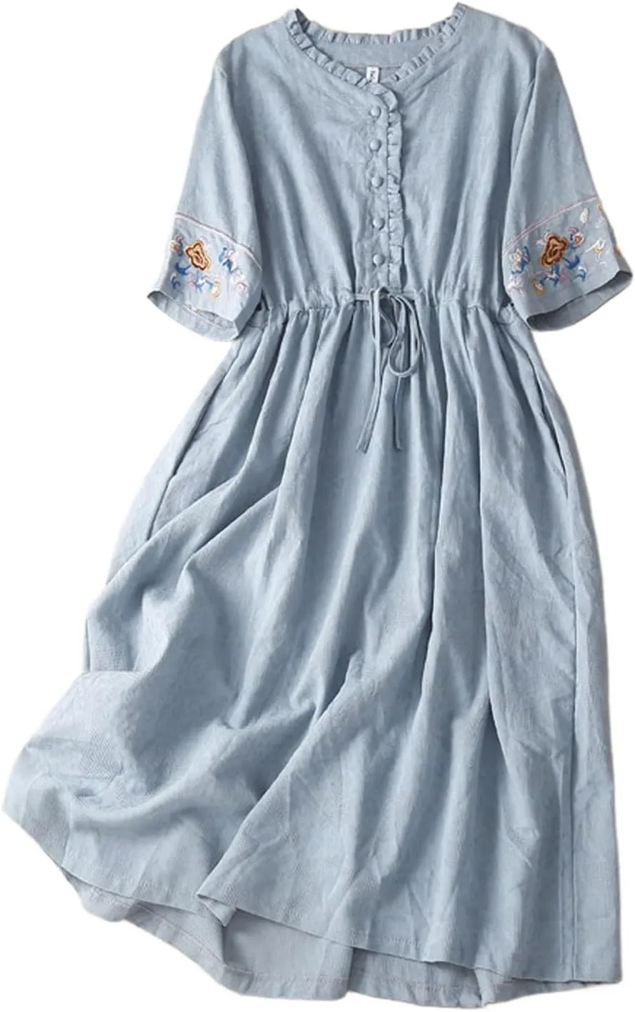 Linen Dress for Women Embroidered Cotton Maxi Dress Drawstring Waisted A Line Dresses Summer Vacation Sundress