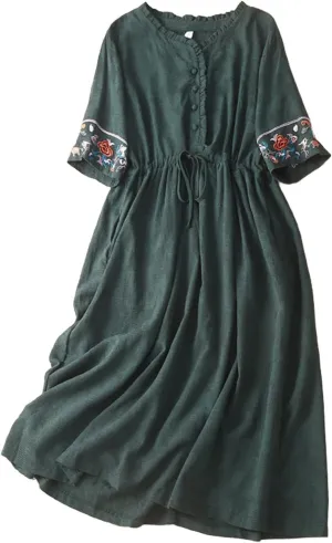 Linen Dress for Women Embroidered Cotton Maxi Dress Drawstring Waisted A Line Dresses Summer Vacation Sundress