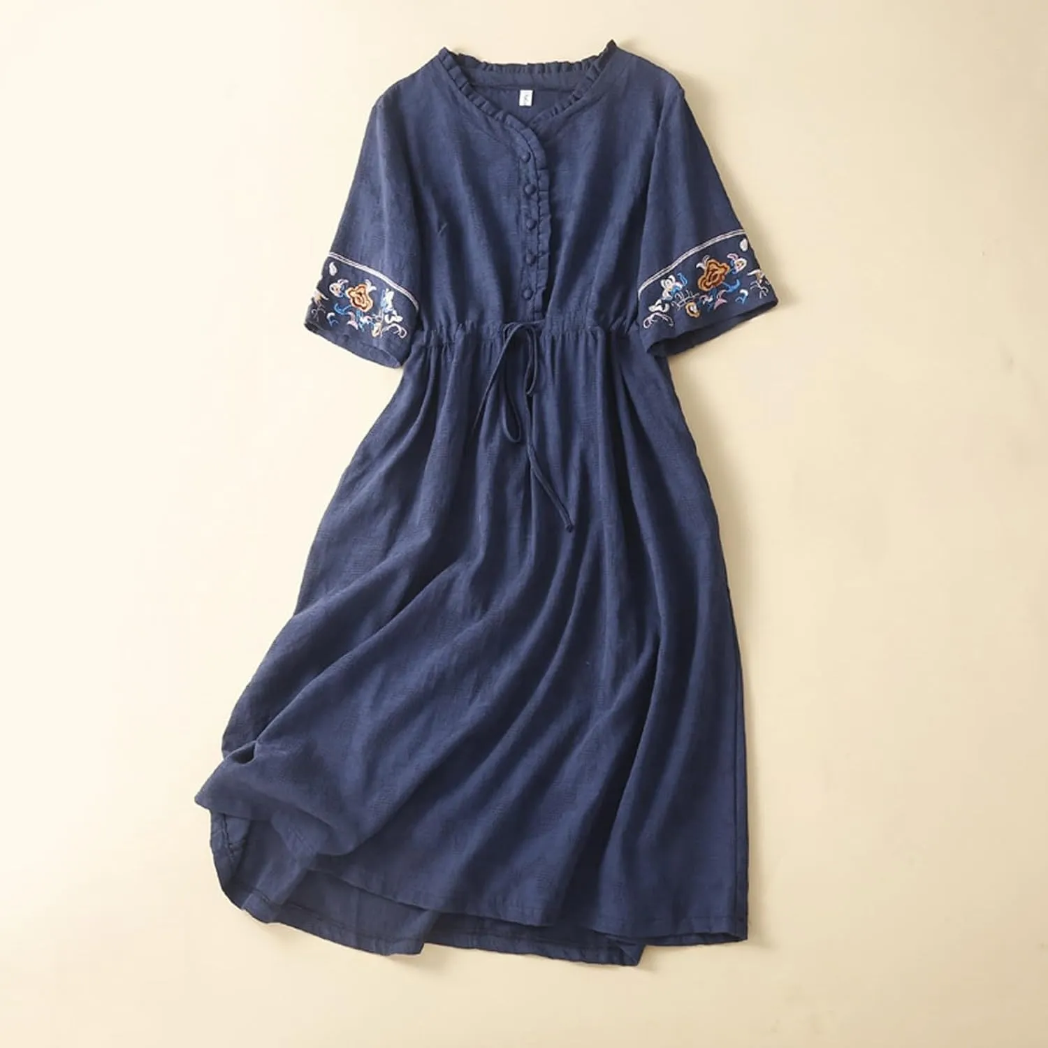 Linen Dress for Women Embroidered Cotton Maxi Dress Drawstring Waisted A Line Dresses Summer Vacation Sundress