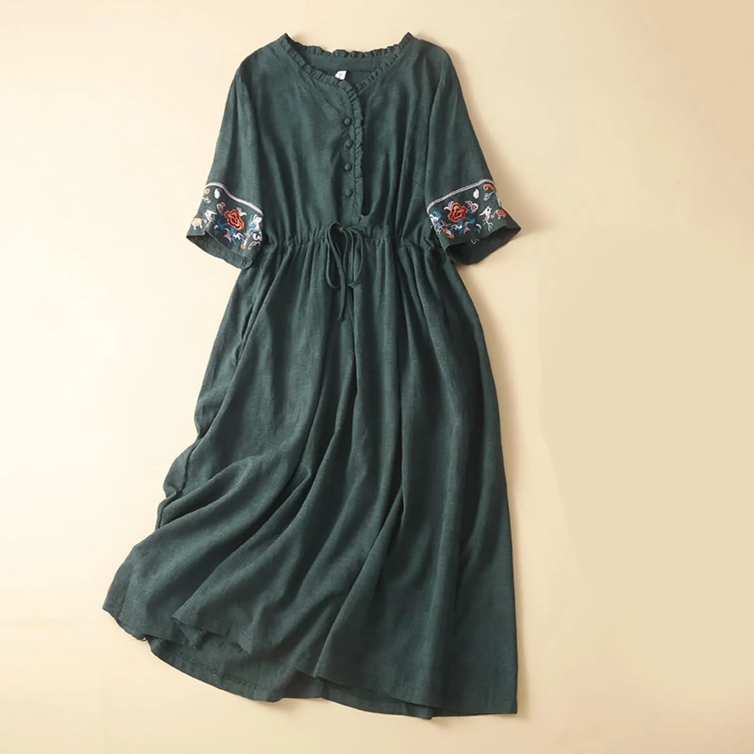 Linen Dress for Women Embroidered Cotton Maxi Dress Drawstring Waisted A Line Dresses Summer Vacation Sundress