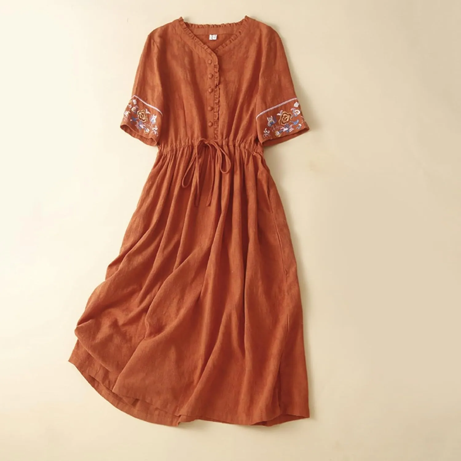 Linen Dress for Women Embroidered Cotton Maxi Dress Drawstring Waisted A Line Dresses Summer Vacation Sundress