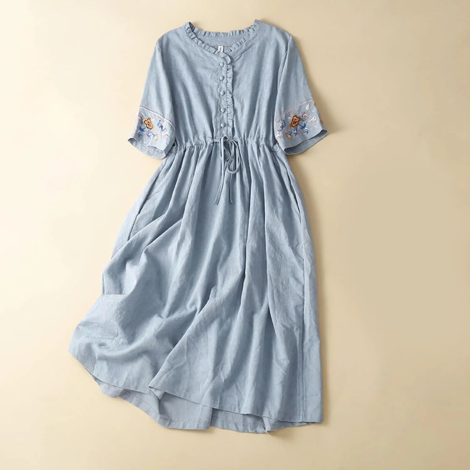 Linen Dress for Women Embroidered Cotton Maxi Dress Drawstring Waisted A Line Dresses Summer Vacation Sundress