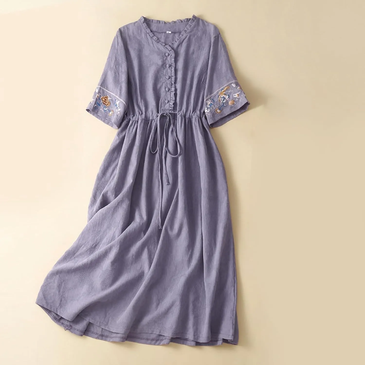 Linen Dress for Women Embroidered Cotton Maxi Dress Drawstring Waisted A Line Dresses Summer Vacation Sundress