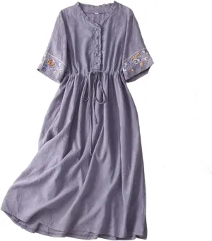 Linen Dress for Women Embroidered Cotton Maxi Dress Drawstring Waisted A Line Dresses Summer Vacation Sundress