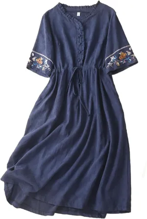 Linen Dress for Women Embroidered Cotton Maxi Dress Drawstring Waisted A Line Dresses Summer Vacation Sundress