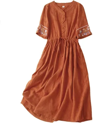 Linen Dress for Women Embroidered Cotton Maxi Dress Drawstring Waisted A Line Dresses Summer Vacation Sundress
