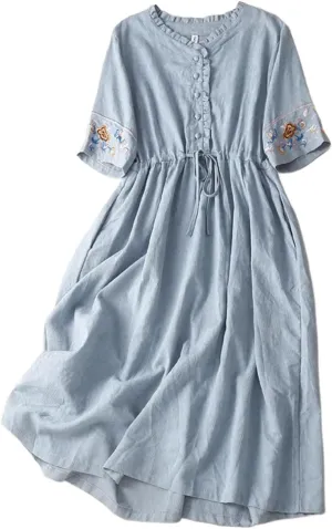 Linen Dress for Women Embroidered Cotton Maxi Dress Drawstring Waisted A Line Dresses Summer Vacation Sundress