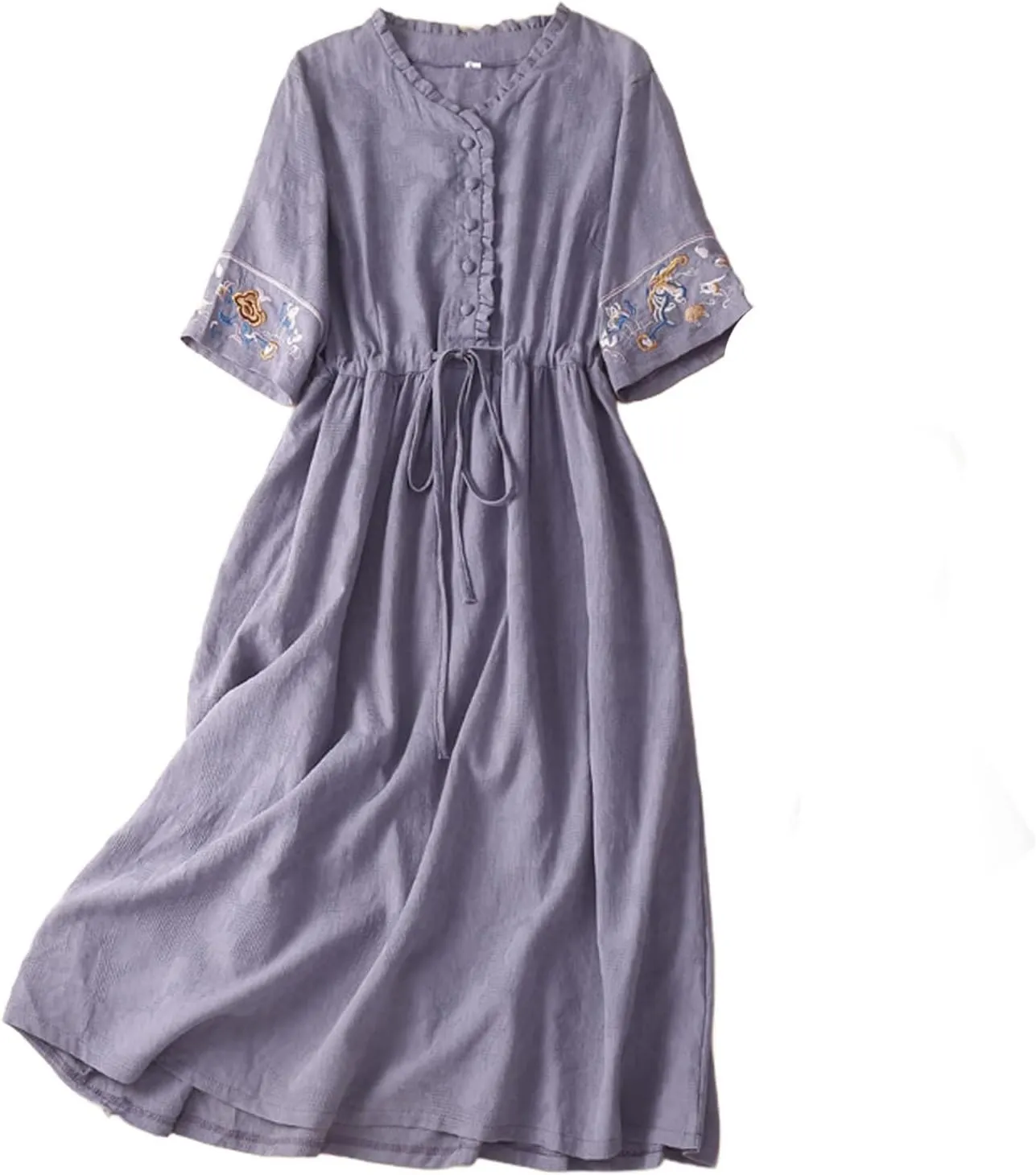 Linen Dress for Women Embroidered Cotton Maxi Dress Drawstring Waisted A Line Dresses Summer Vacation Sundress