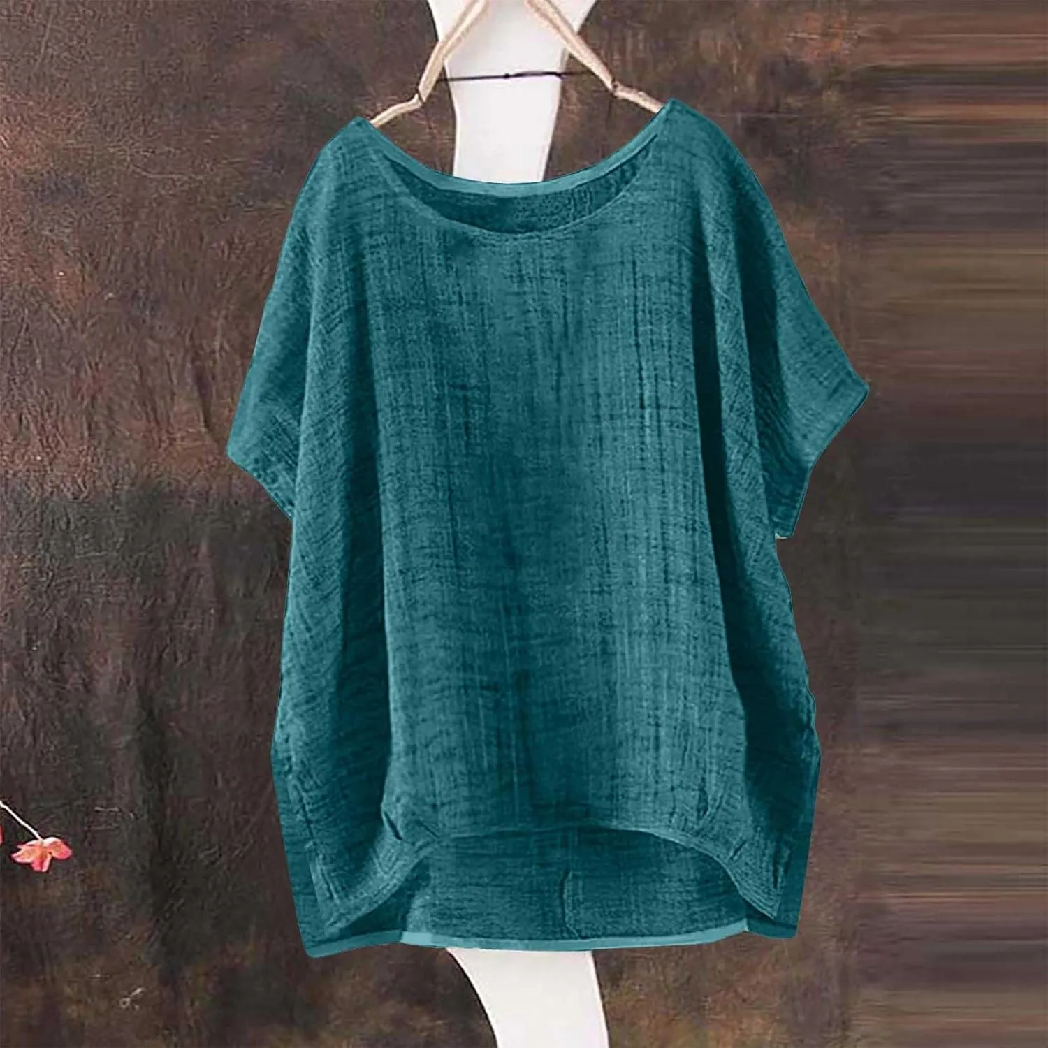 Linen Shirts for Women 2025 Summer Short Sleeve Casual Loose Fit Round Neck Blouses Side Slit High Low Tunic Tops