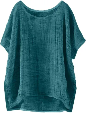 Linen Shirts for Women 2025 Summer Short Sleeve Casual Loose Fit Round Neck Blouses Side Slit High Low Tunic Tops